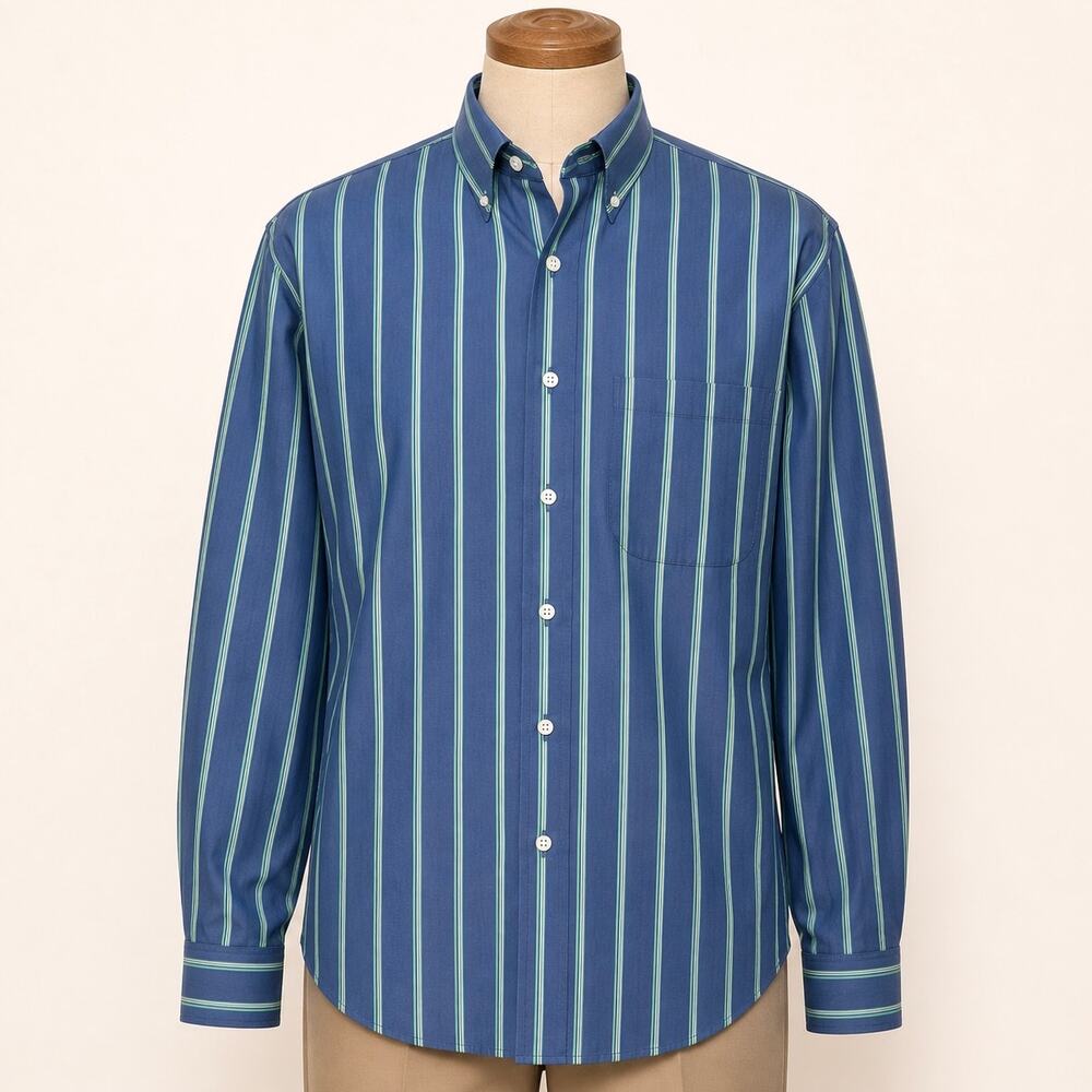 Vintage Viyella Blue Green Stripe Button Down Shirt Hong‎ Kong Cotton L